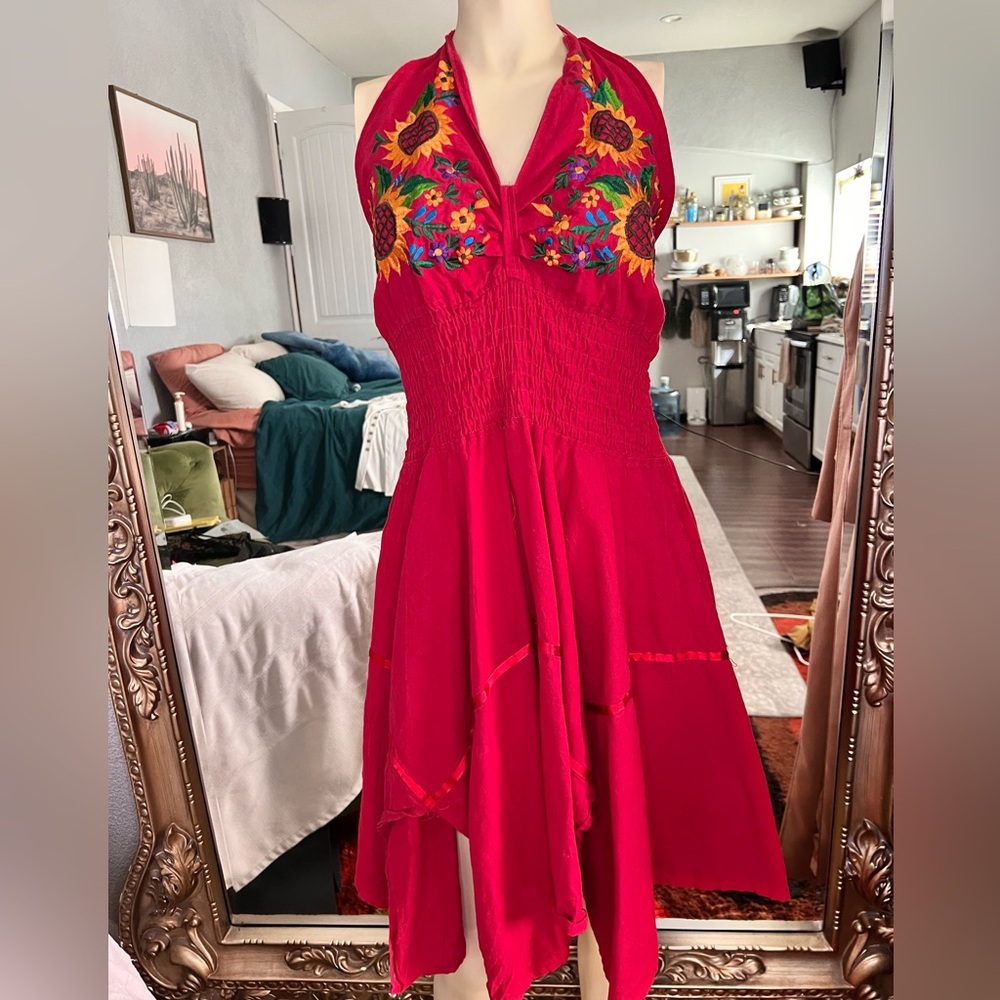 Mexican Embroidered Red Halter Dress